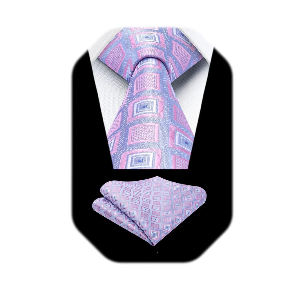 9827 Ties Pink Lavender Necktie with Pocket Square Set Formal Plaid Tie